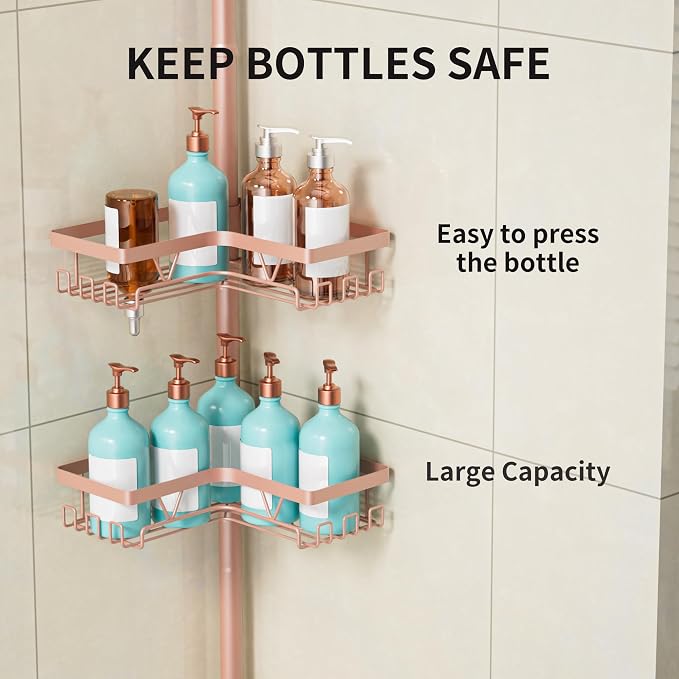 KEGII Corner Shower Caddy Tension Pole, Bathroom Organizer, Blush Nude | 28 Hooks, Soap Holder and Razor Rack for Family Bathrooms, 4-Tier Storage with Rustproof Steel, Fits 25-114.2 inch Heights