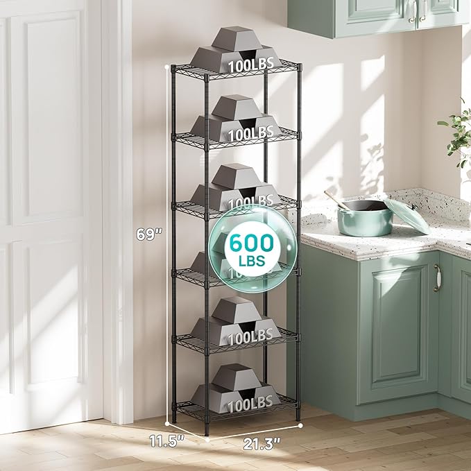 SINGAYE 6 Metal Shelves Wire Shelving Storage Shelf Adjustable Unit Pantry | 6 Tier Kitchen Laundry Room Organization Home Pantry Closet Bathroom Organizers Garage Rack 12" D x 22" W x 69.5" H Black