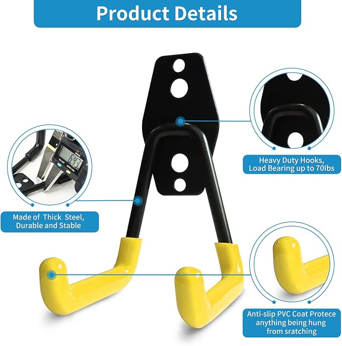 GeeWatom 2 Pack Garage Storage Utility Hooks，Garage Garden Tool Organizer，Steel Wall Mount Hooks, Garden Small U Hooks (Yellow)