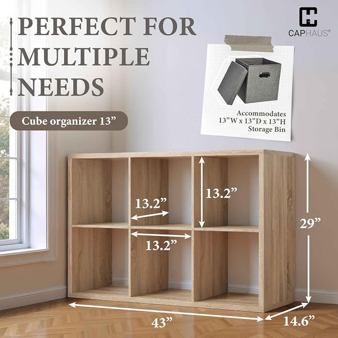 CAPHAUS Sturdy Room 13-Inch Cube Storage Organizer Shelf, with Extra Thick Exterior Edge, Open Storage Shelf Divider, Bookcase, 6-Cube, Natural Oak