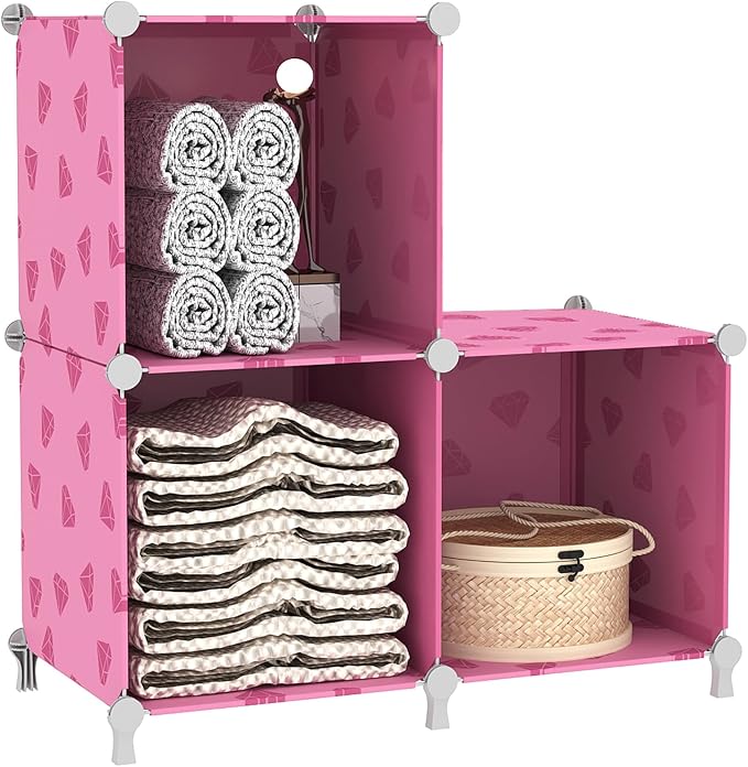 UNKU 3 Cube Storage Organizer, Closet Organizer Storage Shelves,Pink | DIY Stackable Bookcase, Clothes Organizer Shelf for Closet, Bedroom, Living Room, Cabinet, Home, Office