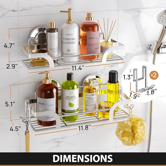LEVERLOC 2 Pack Shower Caddy Suction Cup, Shower Shelves for Inside, Silver | Rustproof Bathroom Storage NO-Drilling Bathroom Organizer, Heavy Duty Shower Storage Basket, Metal Shower Shelf