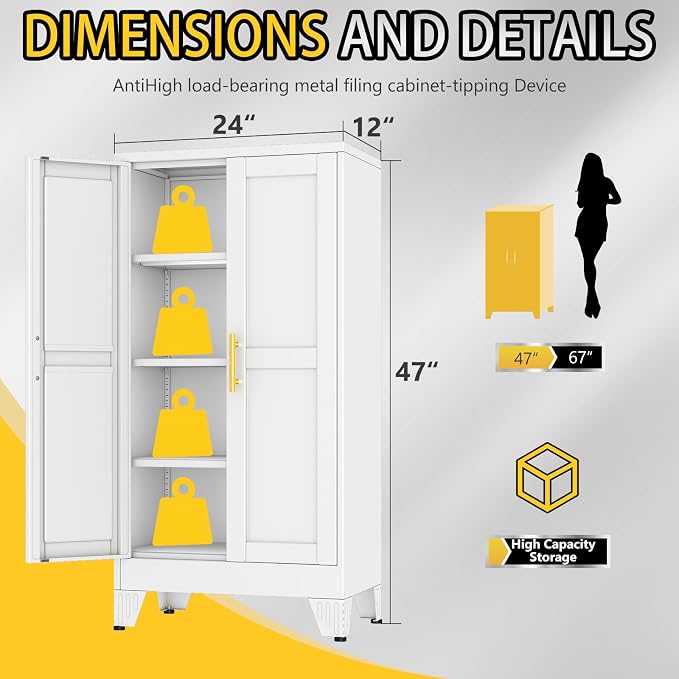 PAOFIN Metal Storage Cabinet with 2 Doors and 3 Adjustable Shelves, Metal Garage Storage Cabinets, File Cabinet,Steel Tool Cabinets for Home,Office,Garage,School,Warehouse (White)
