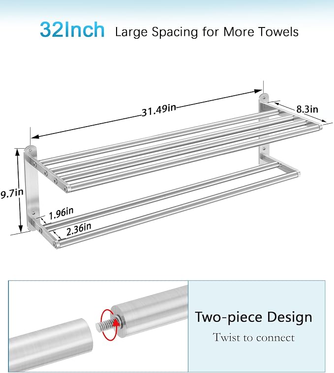 VOTZAAQ 32 in Towel Racks for Bathroom, Bath Towel Shelf with Double Towel Bar, Stainless Steel Towel Storage for Lavatory Wall Mounted, 2-Tier Towel Hanger Towel Holder, Brushed Nickel