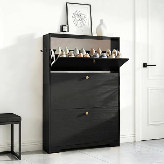 Nicetree Shoe Cabinet with 3 Flip Drawers, Entryway Shoes Organizer, Black | Narrow Shoe Organizer, Freestanding Shoe Rack Cabinet, Modern Shoe Storage Cabinet for Entryway, Hallway, Foyer, With Hook