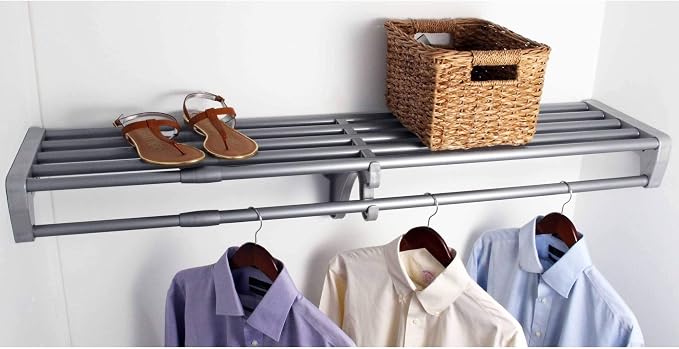 DIY Expandable Closet Shelf and Rod, 40" - 73", MOUNTS Between 2 Side Walls (No End Brackets), Silver