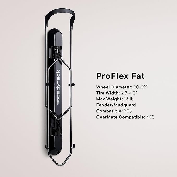 Steadyrack Fat Bike Wall Mount, Vertical Bike Storage for Garage, Shed | ProFlex Fat fits fat tires 2.8 to 4.5 in wide, wheels 20 to 29 in. Chrome-plated steel holds 121 lb, folds flat.