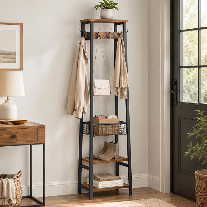 Coat Rack with Metal Basket and Storage Shelves | Coat Stand Freestanding, Hall Tree With and 7 Hooks, Clothes Rack Stand Organizer, Rustic Brown and Black