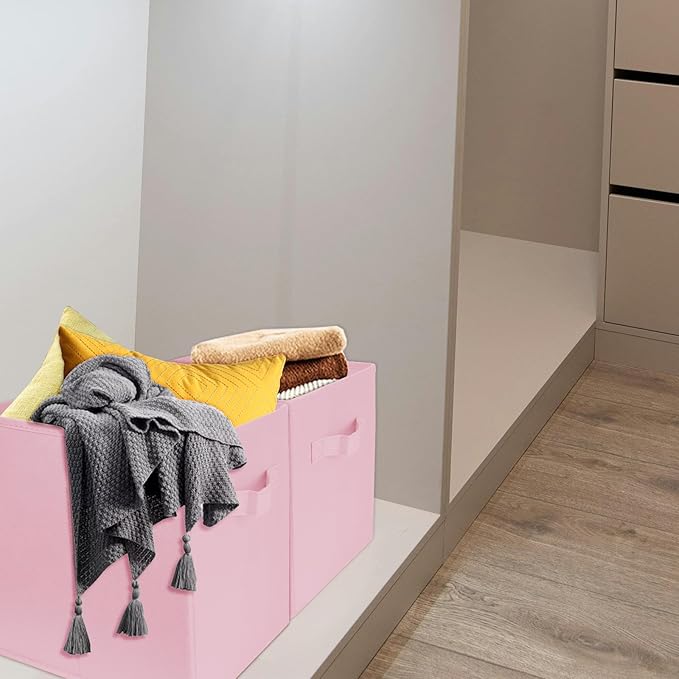 3 Pcs Storage Cubes, 10.5 Inch Collapsible Storage Bins, Fabric Foldable Bins for Organization, Durable Storage Bins for Closet, Shelves, Offices (Pink)
