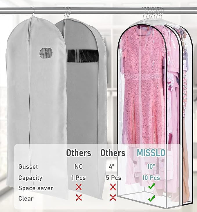MISSLO 10" Gusseted All Clear Garment Bags for Hanging Clothes 50" Dress Bags for Closet Storage Coat Protectors for Suits, Gowns, 3 Packs