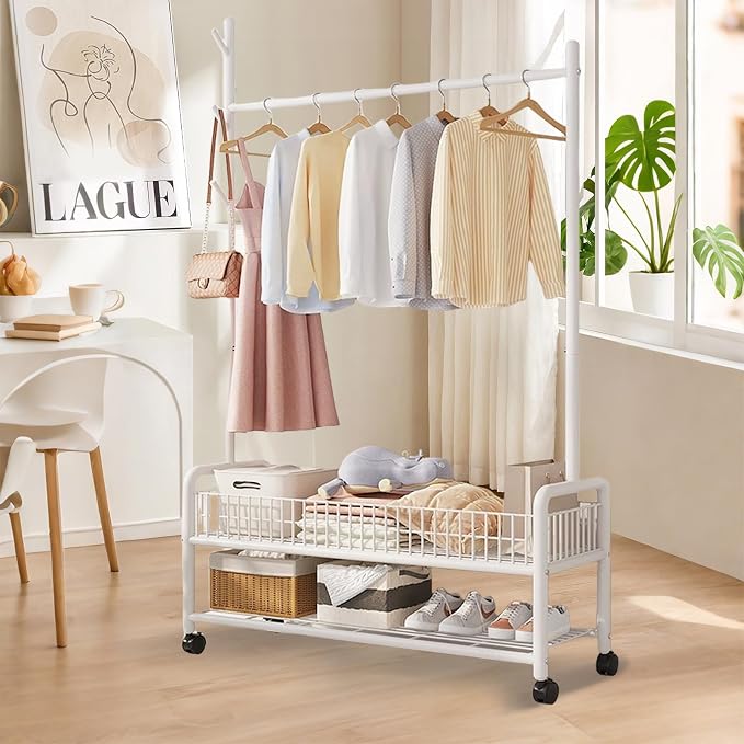 MYUPDALIN Clothes Rack with Shelves, Clothing Rack with Wheels, Multifunctional Hangers with Storage Baskets and Shoe Racks, Ideal for Bedrooms and Living Rooms (White, Bold 90cm/35in)