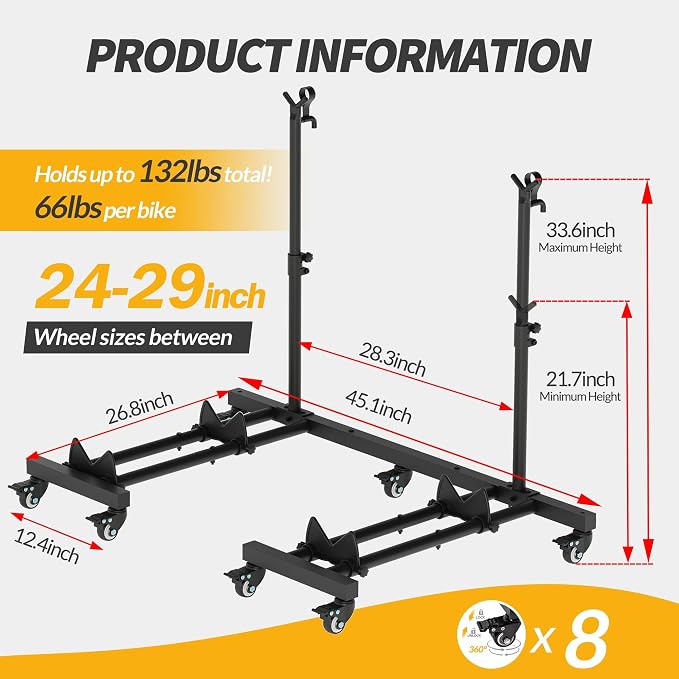 Bike Rack for Garage, Vertical Bike Stand (2 Pack), Fits bikes up to 29" | Freestanding Bike Stand With No Wall Mounting Or Drilling, Adjustable Height, Stores Up To 2 Bikes With Casters For Mobility