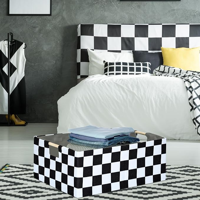 Checkered Storage Basket Room Decor Gifts Basket Foldable Nursey Box Kids Hamper Storage Cube for Women Closet Organizer Boys Car Toys Bins with Handles