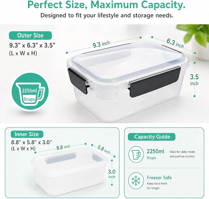 YORY 9 cup Plastic Food Storage Containers with Lids Nestable Freezer Dishwasher Safe Rectangle Meal Prep Container Set,5-Pack