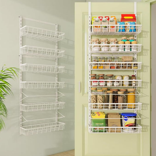 Mefirt Over The Door Pantry Organizer, Wall Mount Spice Rack 6-Tier White | Pantry Hanging Organizers and Storage, Adjustable Baskets Heavy-Duty Metal for Home & Kitchen, Back of Door Seasoning Rack