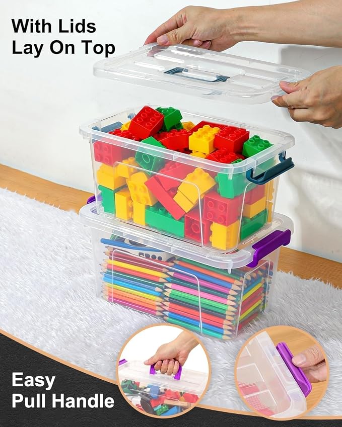 7Qt Clear Storage Bins with Lids,6-Pack Stackable Storage Containers With Buckle Latches.Perfect for LEGO, Crafts, Office Supplies, and Dorm Room Organization,Blue