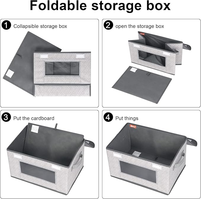 Univivi [4-Pack Fabric Storage Boxes Collapsible Storage Bins with Lids and Handles Cube Organizer Basket for Home, Closet, Bedroom (Gray, 14.4''x10''x8.3'') | Closet Storage Bins with Handles & Window, Collapsible Closet Organizers and Storage Cubes f...