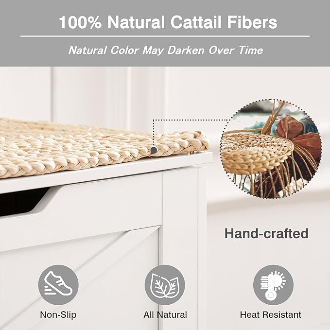 VECELO 43.3" Storage Chest with Lift Top Storage, Farmhouse Style Ottoman with Handwoven Wicker Cushion, Safety Hinges, Ideal for Entryway, Bedroom, Living Room, Ivory White