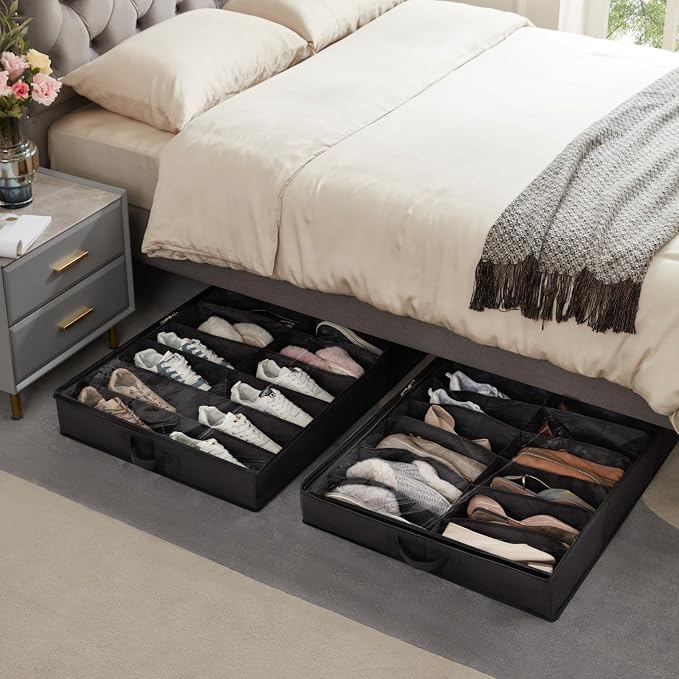 Lifewit Under Bed Shoe Storage Organizer 1 Pack(16 Shoes Cells), 4.3 Inches Profile Fabric Shoes Container Box with Clear Cover, Foldable Storage Bag with 2 Handles, Fits 8 to 16 Pairs