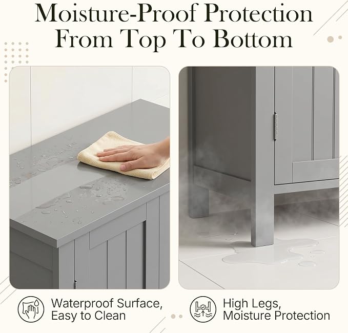 SUPER DEAL Modern Bathroom Floor Storage Cabinet with Adjustable Shelf and Double Door Rust Proof, Living Room Modern Home Furniture Storage Organizer Cabinet, Grey