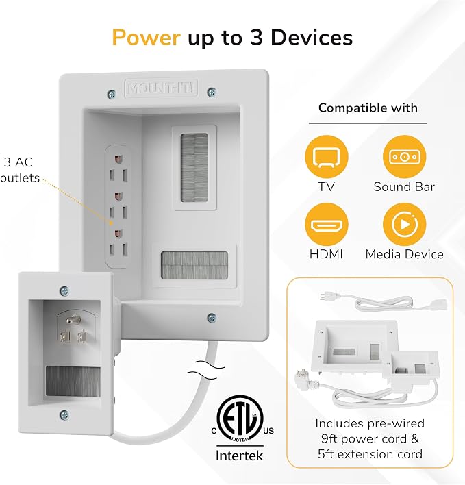 Mount-It! In-Wall TV Cable Management Kit with Power – Triple Outlet, Male Wall Plug and 5ft External & 9ft Behind the Wall Cords, Hand Saw – Easy, Safe Cable Management for TV and Home Theater Setups