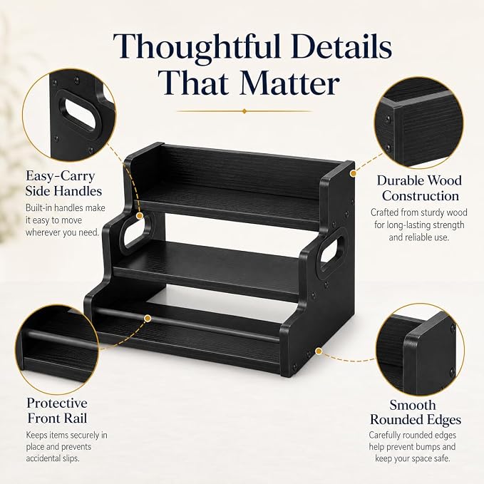 3 Tier Spice Rack Organizer for Cabinet, Wood Spice Shelf Storage, Kitchen Seasoning Organizer for Kitchen Countertop or Pantry, Spice Bottles, Bottles, Black