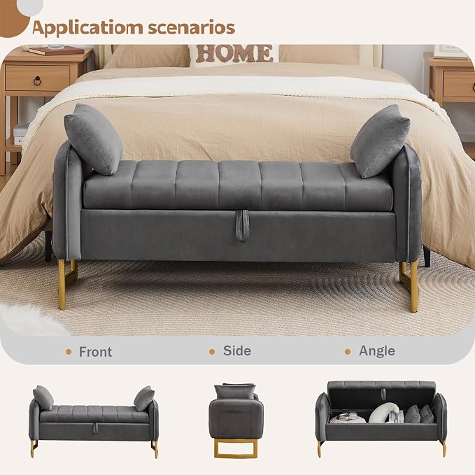 End of Bed Storage Bench, 51'' Velvet Storage Benches for Queen Size Bedroom Foot of Bed, Storage Ottoman Bench with Golden Legs and Pillow for Living Room Window Entryway, Dark Grey
