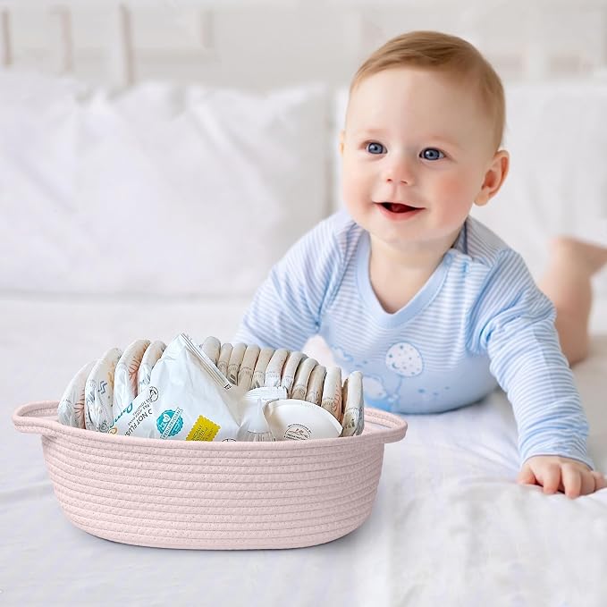 MEGASKET Pink Small Woven Basket, 13” x 9” x 5” Baskets for Gifts Empty, Cotton Rope Gift Basket, Cute Nursery Baby Organizer, Cat Dog Toy Bin Box, Wicker Storage Bin with Handle