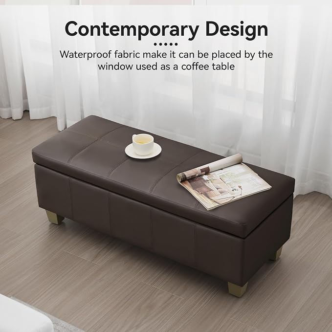 WUTUTUEE 41" Faux Leather Storage Ottoman, Stitch Tufted Rectangle Upholstered End of Bed Storage Bench, Entryway Large Couch Ottoman with Wooden Legs,Brown
