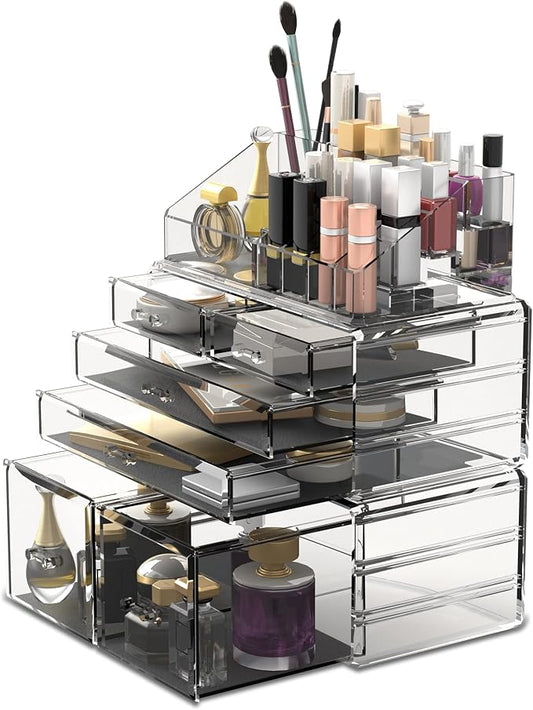 READAEER Makeup Organizer 3 Pieces Cosmetic Storage Case with 6 Drawers (Clear)