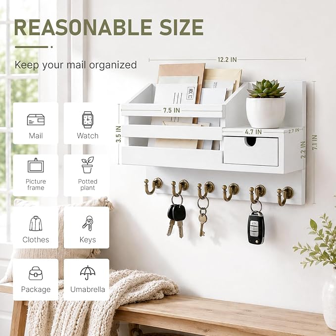 FifthQuarter Key Holder Wall Mount with Drawer and 6 Sturdy Hooks | Wooden Entryway Organizer and Decorative, Easy Installation