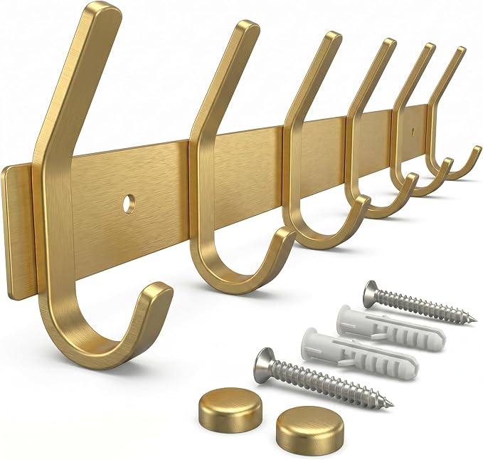 Brushed Gold Wall Mounted Coat Rack – 17 Inch Stainless Steel Rail with 6 Double Coat Hooks for Entryway, Bathroom, Bedroom, Kitchen – Modern Gold Hook Rack for Coats, Hats, Towels
