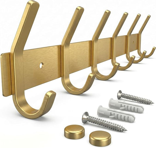 Brushed Gold Wall Mounted Coat Rack – 17 Inch Stainless Steel Rail with 6 Double Coat Hooks for Entryway, Bathroom, Bedroom, Kitchen – Modern Gold Hook Rack for Coats, Hats, Towels