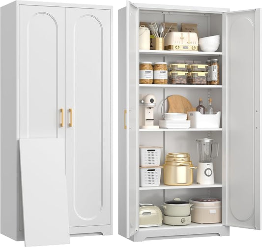 UNICOLY 71" Tall Storage Cabinet, Metal Kitchen Pantry Storage Cabinets | Pantry Cabinet with Doors and 4 Shelves，White Cabinets for Laundry Room, Living Room, Dinning Room, Assembly Required