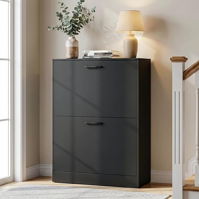 Shoe Cabinet with 2 Flip Drawers, Narrow Freestanding Shoe Organizer for Entryway, Hallway, Living Room, Black