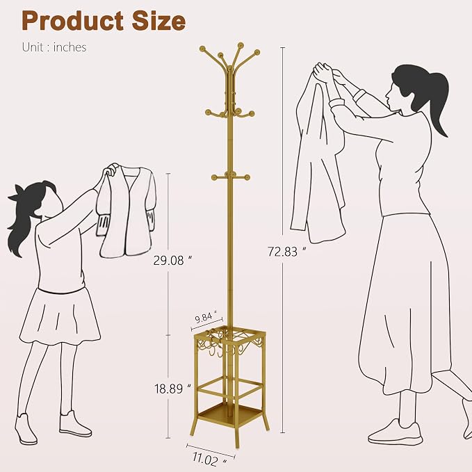 Hoctieon Coat Rack Freestanding, Coat Tree with Umbrella Holder | Metal Coat Rack Stand with 12 Hooks, Standing Coat Hanger Stand, Umbrella Stand for Entryway, Hat Rack Stand for Home Office
