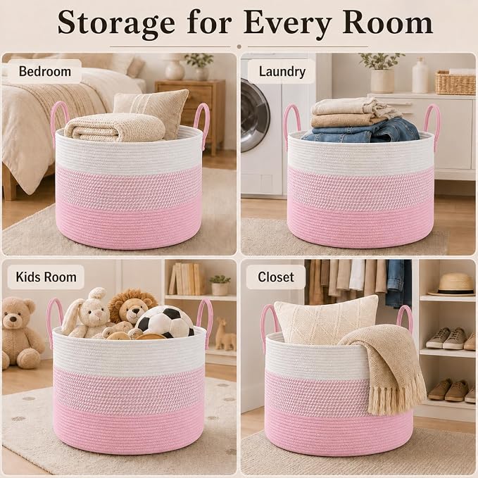 JMvicyroam 65L Extra Large Blanket Basket for Living Room - Woven Cotton Rope Laundry Hamper with Reinforced Handles - Storage Bin for Pillows, Comforters & Toys - Machine Washable,White&Pink Mix