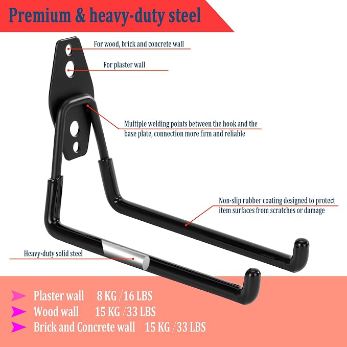 4 Pack Garage Hooks Heavy Duty, 7.4 inch Large Square Utility Hooks | Garage Tool Organizer Wall Mount, Utility Organizer for Ladders, Garden Tools, Bike, Ropes, Bulk Items