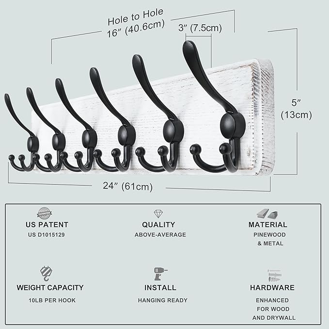 Coat Rack Wall Mounted - 24" Long 6 Tri Hooks, Heavy Duty Wooden Wall Coat Hanger Coat Hook for Clothes Hat Jacket Clothing, White and Black, Pack of 2