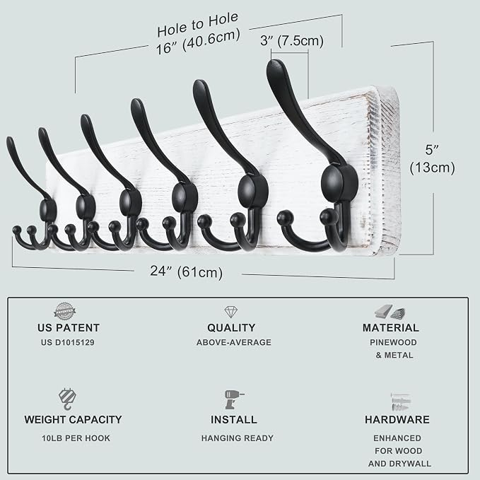 Coat Rack Wall Mounted - 24" Long 6 Tri Hooks, Heavy Duty Wooden Wall Coat Hanger Coat Hook for Clothes Hat Jacket Clothing, White and Black