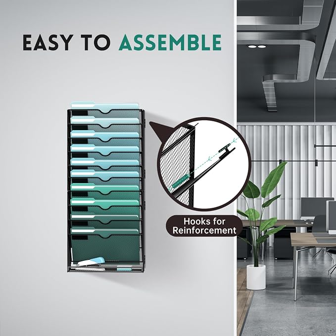 SUPEASY 11-Tier Wall File Organizer, Wall Mounted Mail Sorter, 2 Pack | Metal Mesh Hanging File Organizer with Open Compartments and Label Panels for Papers and Folders at Home, Office or School