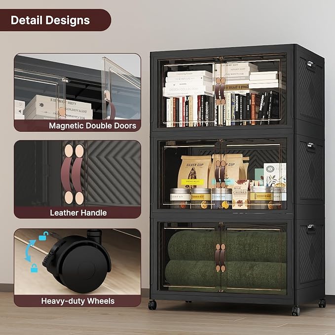 UAMFURI Stackable Storage Bins with Lids, 540QT Lockable Storage Cabinet | Folding Storage Box with Doors and Wheels, Collapsible Plastic Drawers for Home, Garage, Office