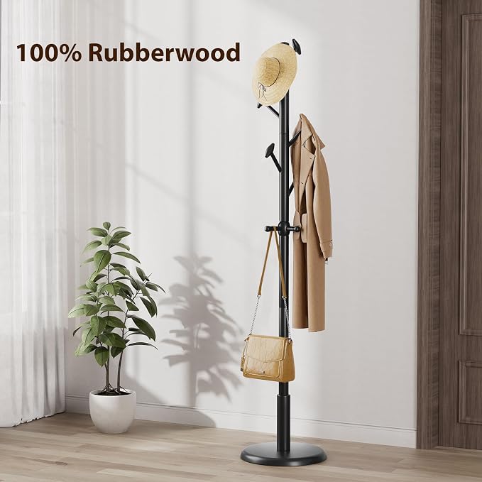 Taitiy Solid Wood Coat Rack Freestanding Coat Tree | with 10 Hooks for Bedroom, Livingroom, Entryway, Sturdy Coat Hanger Stand for Hats, Coats, Scarves, Handbags, Purses