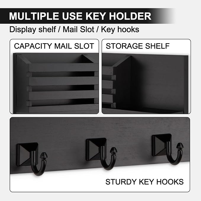 Key Holder Wall Mount, Mail Organizer for Wall with 5 Square Rustic Key Hooks Key Shelf Farmhouse Home Decor for Entryway