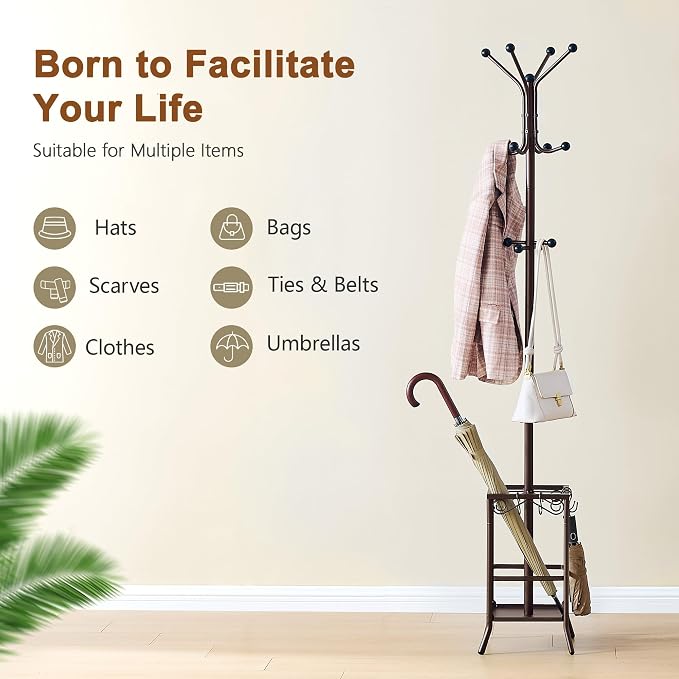 Hoctieon Coat Rack Freestanding, Coat Tree with Umbrella Holder | Metal Coat Rack Stand with 12 Hooks, Standing Coat Hanger Stand, Umbrella Stand for Entryway, Hat Rack Stand for Home Office