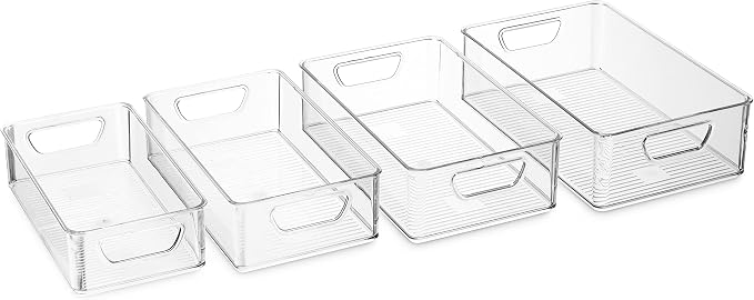Set Of 16 Refrigerator Organizer Bins - Plastic Pantry Organization and Storage Baskets - Stackable Food Fridge Organizers with Cutout Handles for Freezer, Kitchen, Countertops, Cabinets