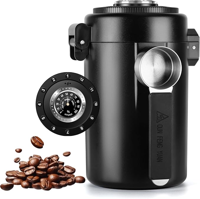 Coffee Canister with Humidity Meter, Airtight Stainless Steel Food Storage Container with Lids,Date Tracker,Venting Valve and Magnetic Scoop for Grounds Coffee,Beans,Tea,Flour,Cereal,Jars,16OZ,Black