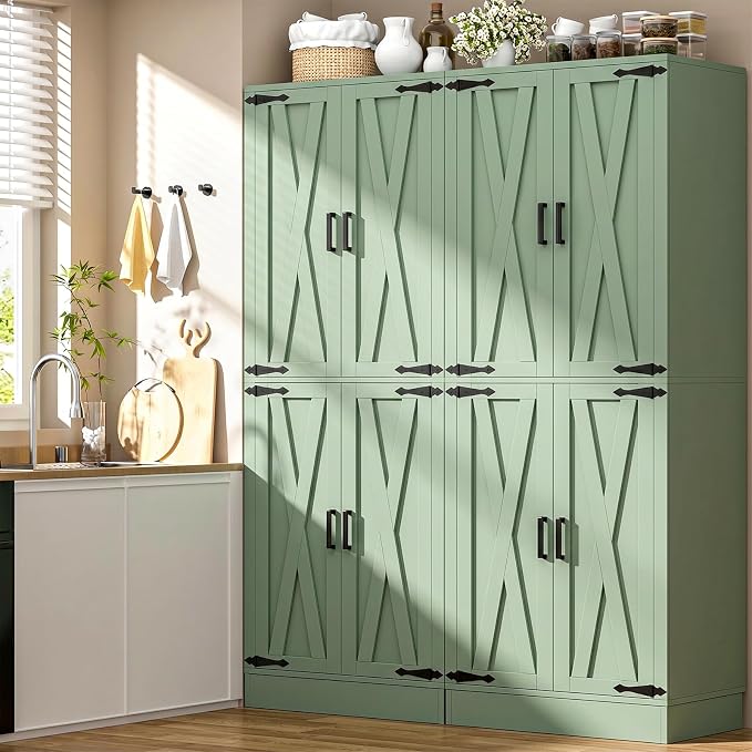 Unikito 71" Tall Kitchen Pantry Storage Cabinet with Farmhouse Barn Doors | Storage Drawer, 4 Adjustable Shelves, Freestanding Cupboard for Dining Room, Living Room, Utility Room, Green