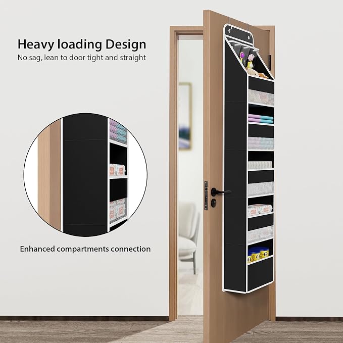 Univivi Fabric Over Door Hanging Organizer for Baby Nursery, Black, 6-Shelf | Door Storage with Large Capacity Breathable Mesh Pockets, Back of Door Organizer for Baby Essential, Bedroom, and Dorm