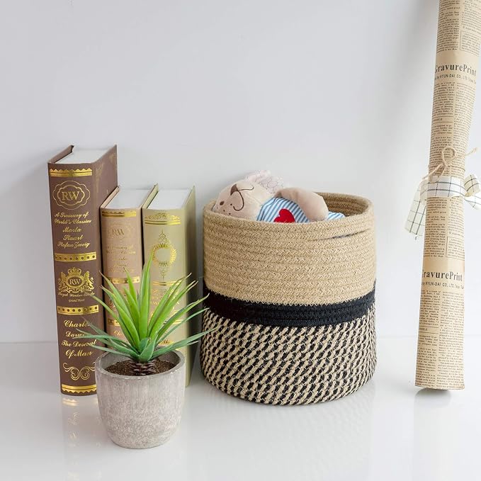 TIMEYARD Small Wicker Plant Basket, Planter for Indoor Plants, Black Jute | 8" x 8" Storage Organizer Basket Rustic Home Decor, Wicker Planter, Woven Pot for Indoor Plants